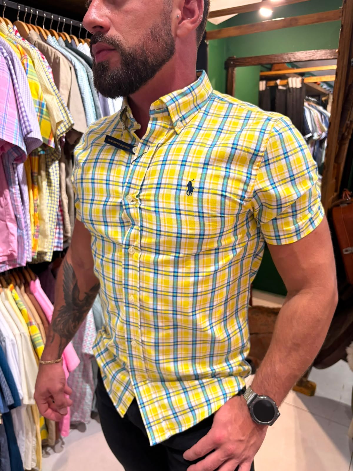 Camisa Oxford xadrez americano amarelo, verde e azul